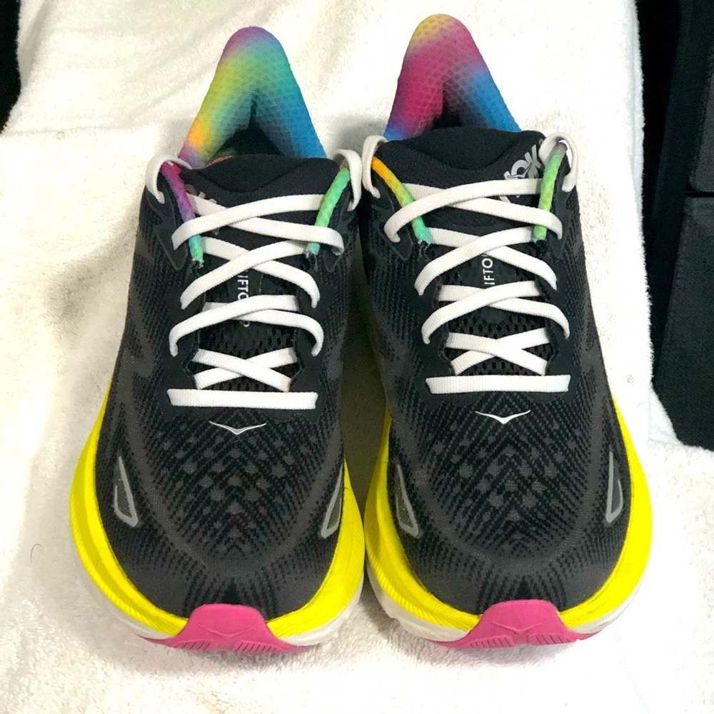 Hoka one one Black Running Sneakers with Rainbow Heel & Yellow Midsole
